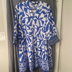 Mlle Gabrielle Long Sleeve Dress in Blue and White